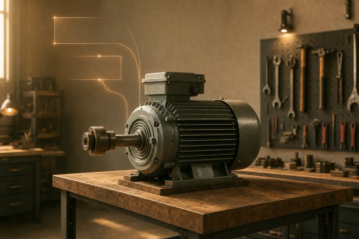 Concept interface: an industrial motor on a service bench with detected components marked.